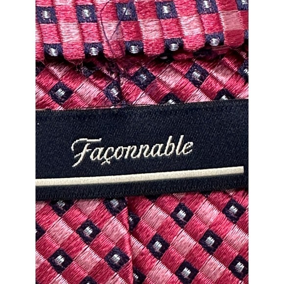 VTG Faconnable Silk Fuchsia Tie w/ Pink/Black Diamond Pattern Made in Italy - Picture 4 of 5